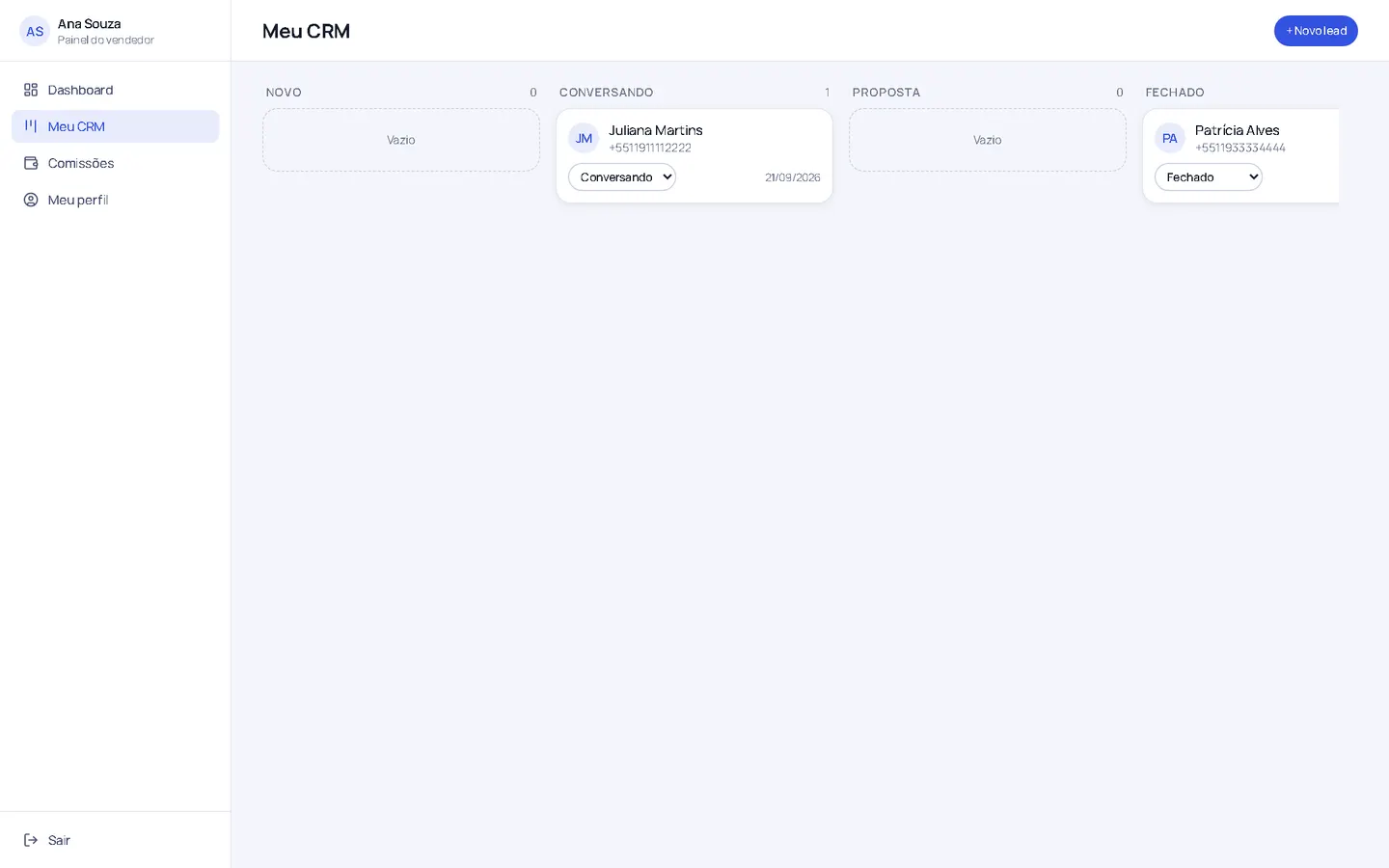 CRM com os leads do vendedor e a situação de cada um