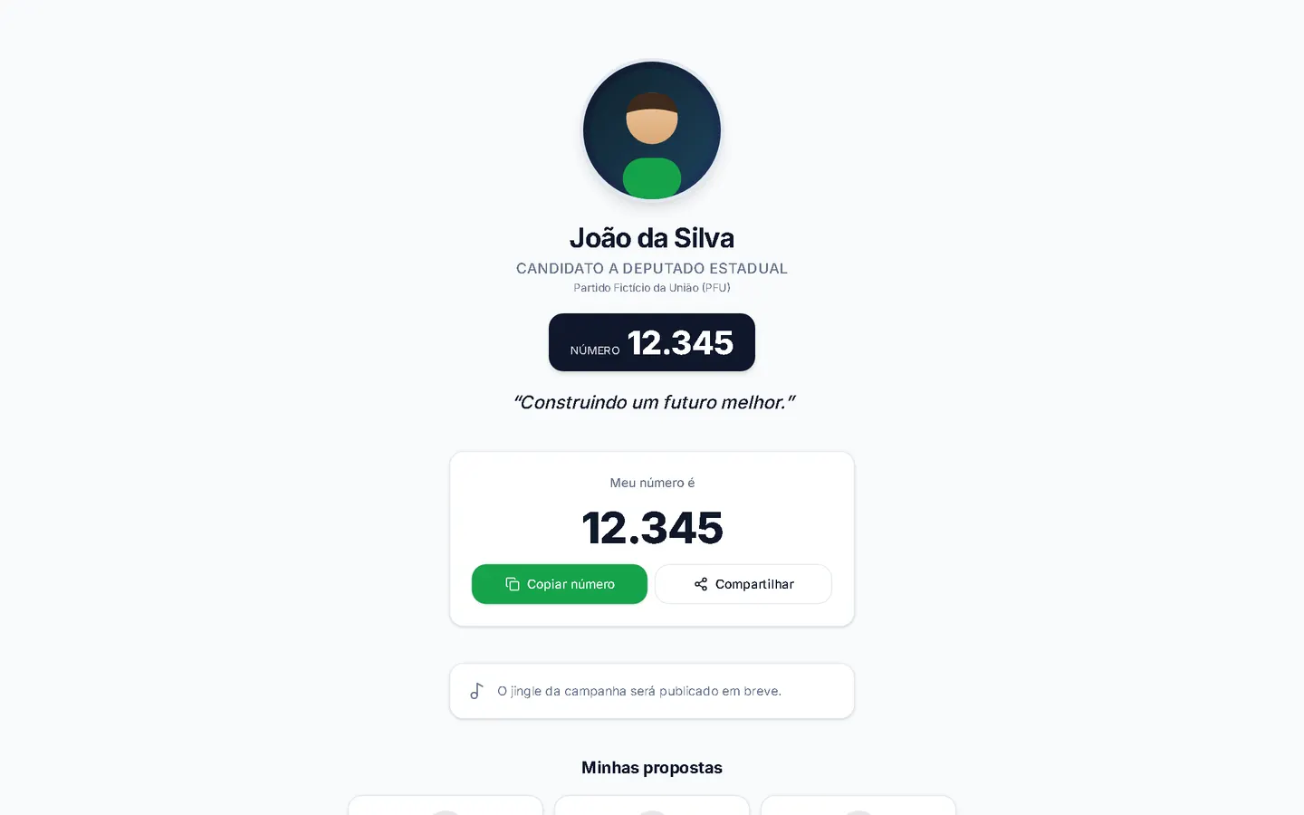 Landing page da campanha com número do candidato e propostas