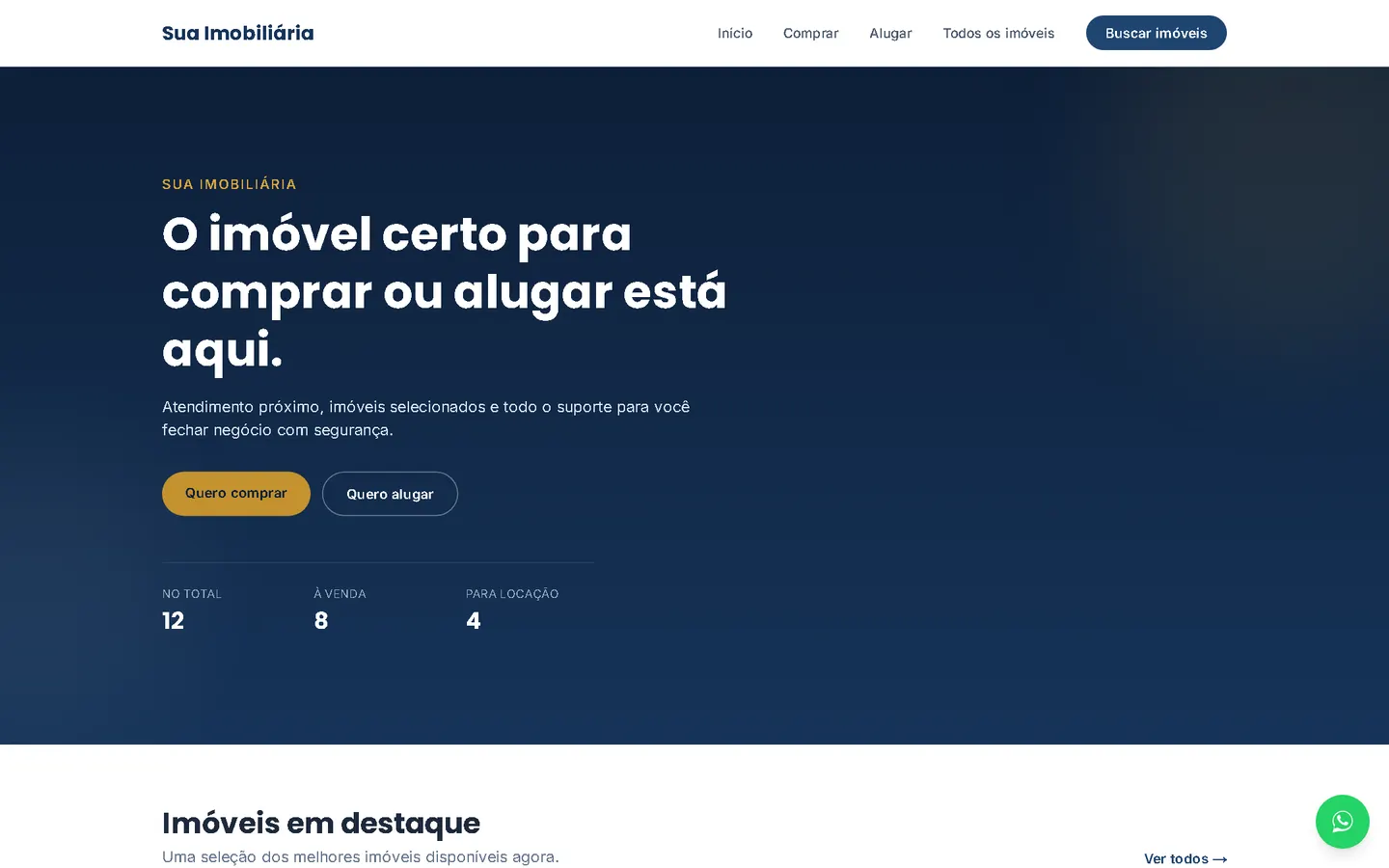 Home do site de imobiliária com chamada e imóveis em destaque